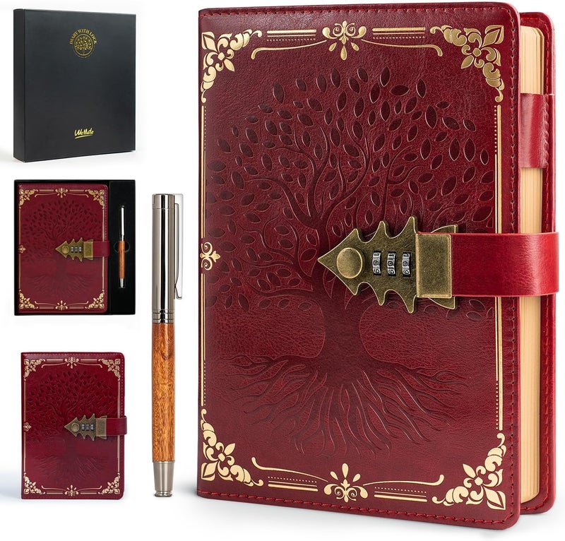 WEMATE Lock Journal with Pen & Gift Box, A5 260 Pages, Refillable, Hardcover Leather Password Notebook for Writing, Vintage Lock Diary for Women, Girls, Men, Students, 8.6 x 5.8 in, Red - Image 1